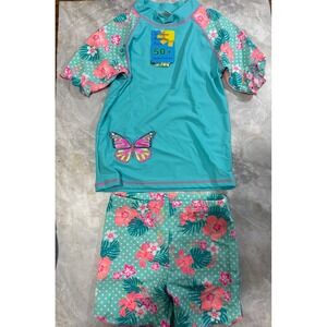 Girls Rash Guard Swimsuit‎ Set UPF 50+ Floral Aqua Blue Kids Size 8